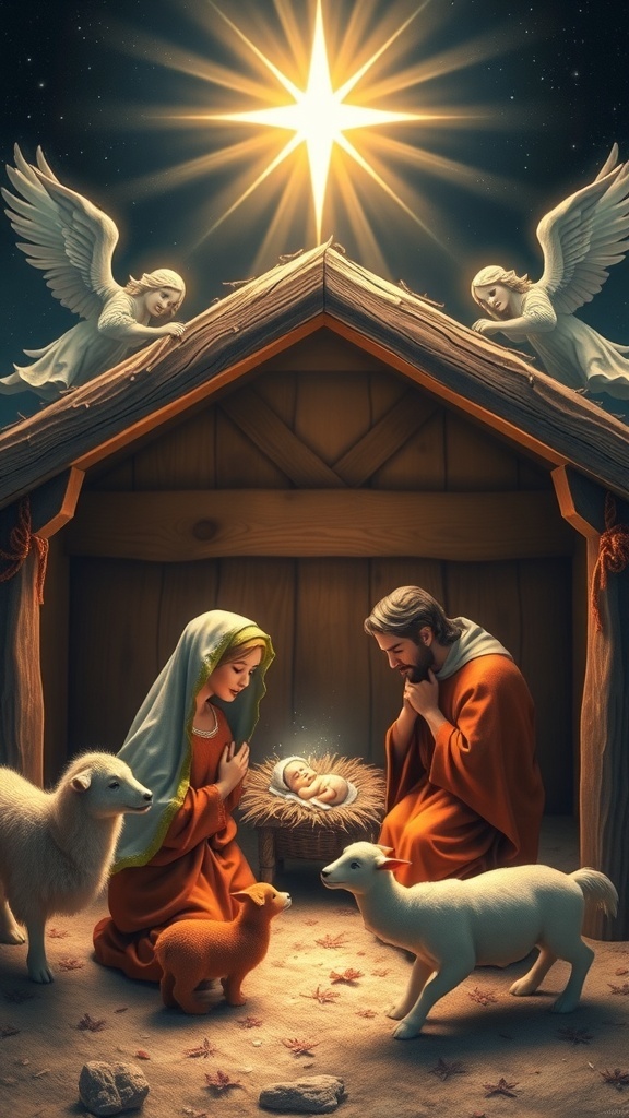 Merry Christmas Images Featuring Jesus Nativity scene with Jesus, Mary, and Joseph in a stable, illuminated by a star.